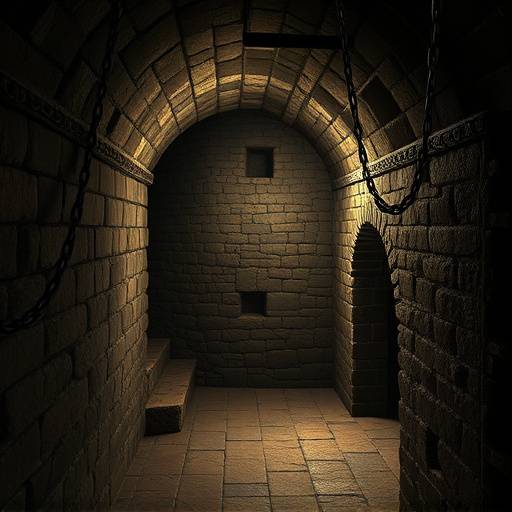 Fotograf칤a de una mazmorra medieval con muros de piedra, poca luz y cadenas.